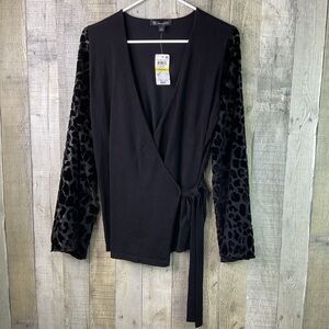 INC. International Concepts Medium Velvet Burnout Bell Sleeve Black Wrap Tie Top
